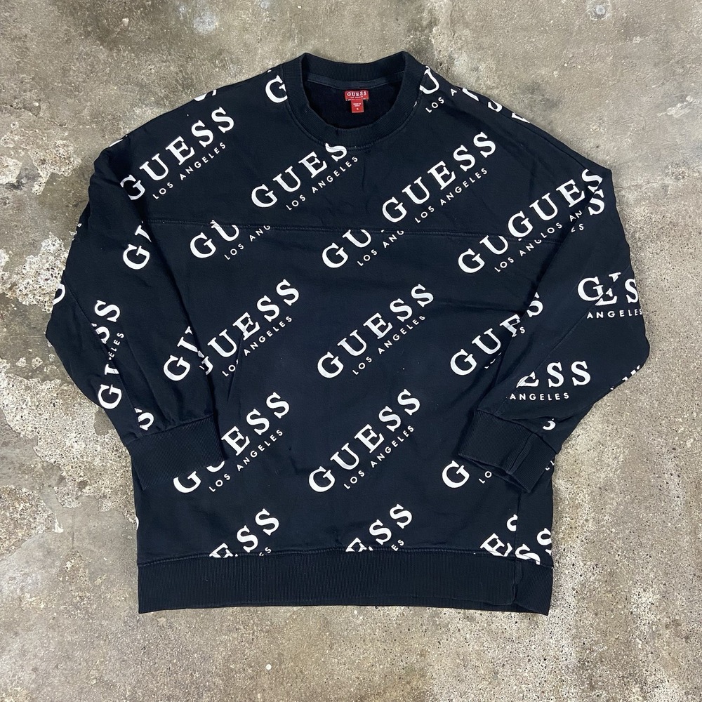 Guess Long Sleeve Shirt Size Small Black Logo Pattern Crewneck Pullover
